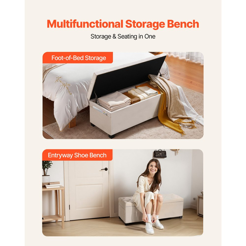 Πάγκος αποθήκευσης VEVOR με συρτάρι, Πάγκος κρεβατιού με κουμπιά και πλαϊνές τσάντες, Αναδιπλούμενο συρτάρι αποθήκευσης με ταπετσαρία και μεταλλικό σκελετό, Οθωμανικό κρεβάτι από λινό για σαλόνι, υπνοδωμάτιο, είσοδο, γραφείο, μπεζ