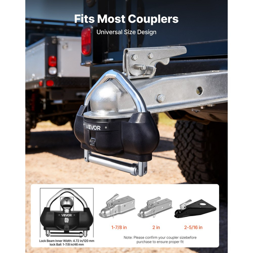 Κλείδωμα ρυμούλκησης VEVOR, Κατάλληλο για ζεύκτες 46 mm, 50,8 mm, 58,7 mm, Αντικλεπτική κλειδαριά ρυμούλκησης βαρέως τύπου με 3 κλειδιά, Ανθεκτικό σε ανοίγματα, Σχεδιασμός ρυθμιζόμενου ύψους για τροχόσπιτα, σκάφη, ρυμουλκούμενα, Μαύρο