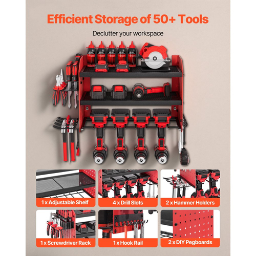Οργάνωση ηλεκτρικών εργαλείων VEVOR για τοποθέτηση στον τοίχο, βάση αποθήκευσης 3 επιπέδων με 4 βάσεις τρυπανιών, βάση εργαλείων και βάση αποθήκευσης με πλαϊνά καρφιά, οργάνωση εργαλείων γκαράζ για γκαράζ, πάγκο εργασίας και εργαστήριο