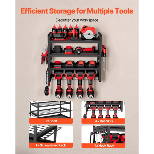 Οργάνωση ηλεκτρικών εργαλείων VEVOR για τοποθέτηση στον τοίχο, βάση αποθήκευσης 4 επιπέδων με 4 βάσεις τρυπανιών, βάση εργαλείων και βάση αποθήκευσης με βάση κατσαβιδιού, οργάνωση εργαλείων γκαράζ για γκαράζ, πάγκο εργασίας και εργαστήριο