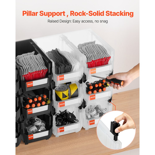 Πλαστικοί κάδοι αποθήκευσης VEVOR που στοιβάζονται, 37,7 x 21,5 x 18 cm (συσκευασία των 12), Πλαστικά δοχεία για οργάνωση και αποθήκευση σε κάδους γκαράζ, μικρά εξαρτήματα, είδη γραφείου, άλλα αξεσουάρ, μαύροι και διαφανείς