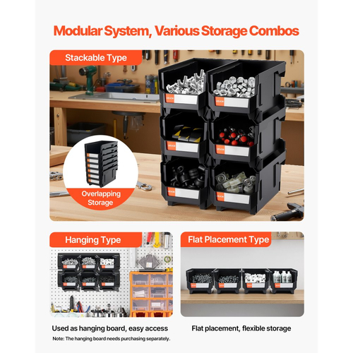 Πλαστικοί κάδοι αποθήκευσης VEVOR που στοιβάζονται, 37,7 x 21,5 x 18 cm (συσκευασία των 12), Πλαστικά δοχεία για οργάνωση και αποθήκευση σε κάδους γκαράζ, μικρά εξαρτήματα, είδη γραφείου, άλλα αξεσουάρ, μαύροι και διαφανείς