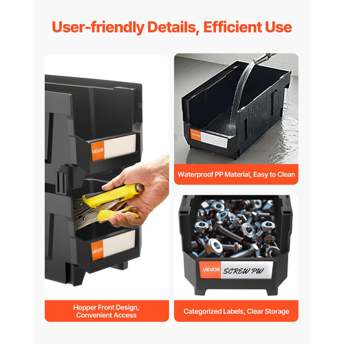 Πλαστικοί κάδοι αποθήκευσης VEVOR που στοιβάζονται, 37,7 x 21,5 x 18 cm (συσκευασία των 12), Πλαστικά δοχεία για οργάνωση και αποθήκευση σε κάδους γκαράζ, μικρά εξαρτήματα, είδη γραφείου, άλλα αξεσουάρ, μαύροι και διαφανείς