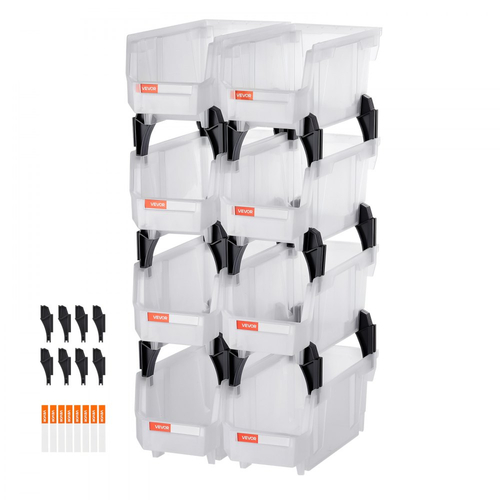 Πλαστικοί κάδοι αποθήκευσης VEVOR που στοιβάζονται, 27,6 x 14 x 13 cm (8 τεμάχια), Πλαστικά δοχεία για οργάνωση και αποθήκευση σε δοχεία για ντουλάπα, γκαράζ, μικρά εξαρτήματα, είδη γραφείου, άλλα αξεσουάρ, διαφανή