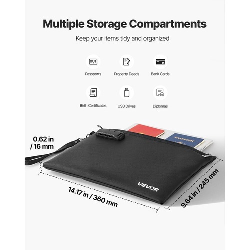 Πυρίμαχη τσάντα εγγράφων VEVOR, θερμομονωτική πυρίμαχη και αδιάβροχη τσάντα 1000 ℃ με κλειδαριά, φορητή αποθήκευση αρχείων, οργάνωση ασφαλείας, οικιακό γραφείο, χρήση ταξιδιού, για διαβατήρια, σημαντικά έγγραφα και αρχεία