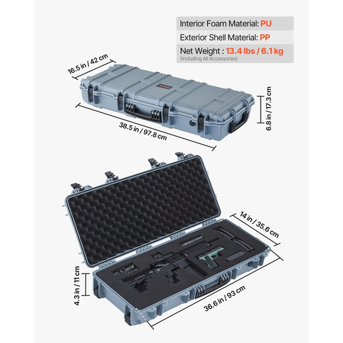 Θήκη σκληρού τυφεκίου VEVOR, θήκη τυφεκίου με κλειδαριά και 4 στρώσεις προκομμένου αφρού, αποθήκευση όπλου 914 mm με ρόδες, αδιάβροχες και ανθεκτικές στη σκόνη θήκες αποθήκευσης πιστολιών IP67 για τυφέκια, κυνηγετικά όπλα, όπλα Airsoft, γκρι