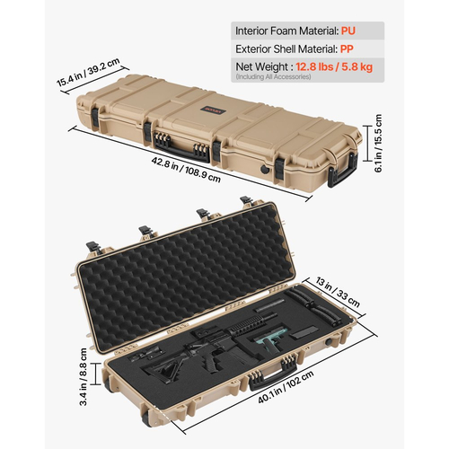 Θήκη σκληρού τυφεκίου VEVOR, θήκη τυφεκίου με κλειδαριά και προκομμένους αφρούς, αποθήκευση όπλου 1016 mm με ρόδες, IP67 αδιάβροχη και ανθεκτική στη σκόνη κινητή μεγάλη αποθήκευση πιστολιού για τυφέκια, κυνηγετικά όπλα, όπλα Airsoft, χακί