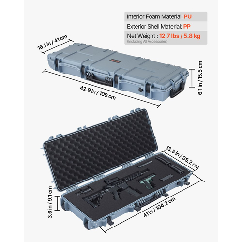 Θήκη σκληρού τυφεκίου VEVOR, θήκη τυφεκίου με κλειδαριά και προκομμένους αφρούς, κινητή αποθήκευση όπλου 1066 mm με ρόδες, αδιάβροχη και ανθεκτική στη σκόνη αποθήκευση πιστολιού IP67 για τυφέκιο, κυνηγετικό όπλο, όπλο Airsoft, γκρι