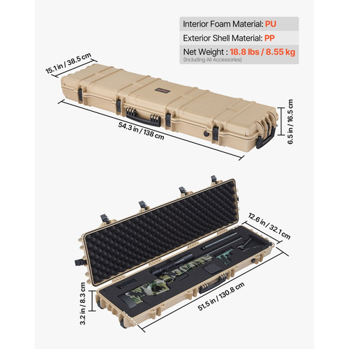 Θήκη σκληρού τυφεκίου VEVOR, θήκη τυφεκίου με κλειδαριά και προκομμένους αφρούς, κινητός χώρος αποθήκευσης όπλου 1270 mm με ρόδες, αδιάβροχη και ανθεκτική στη σκόνη αποθήκευση πιστολιού IP67 για τυφέκιο, κυνηγετικό όπλο, όπλο Airsoft, χακί