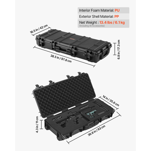 Θήκη σκληρού τυφεκίου VEVOR, θήκη τυφεκίου με κλειδαριά και 4 στρώσεις προκομμένου αφρού, αποθήκευση όπλου 914 mm με ρόδες, αδιάβροχες και ανθεκτικές στη σκόνη θήκες αποθήκευσης πιστολιών IP67 για τυφέκια, κυνηγετικά όπλα, όπλα Airsoft, μαύρη