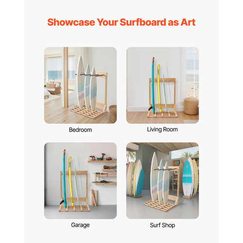 VEVOR Κάθετη Βάση για Σανίδες του Σερφ, Ξύλινη Σχάρα για Σανίδες του Σερφ 4 Επιπέδων για Αποθήκευση και Επίδειξη, Ανεξάρτητη Οργάνωση Βάσης Σανίδας, Βάση Σανίδας για Wakeboard, Snowboard, Kiteboard, Shortboard, Σκι