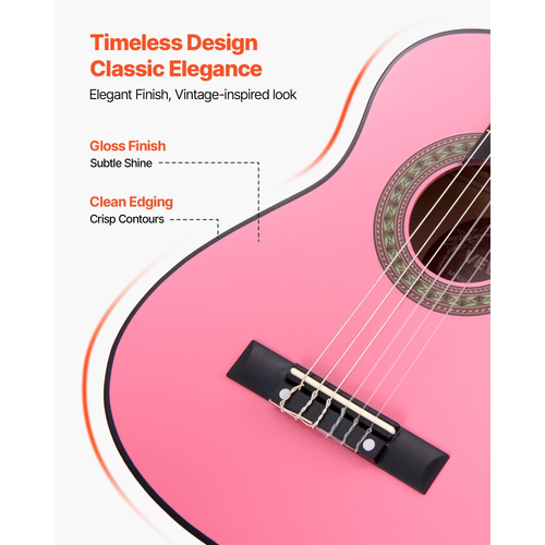 Κλασική κιθάρα VEVOR, 780 mm, Ξύλινο κιτ εκκίνησης κλασικής κιθάρας για αρχάριους, με χορδές νάιλον, τσάντα συναυλιών, λουράκι, κουρδιστήρι, επιπλέον χορδές, πένες, καποτάτο, ξύλο μπάσου, για παιδιά κορίτσια αγόρια μαθητές, ροζ
