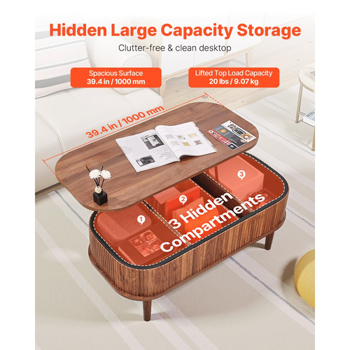 Τραπεζάκι σαλονιού VEVOR 1000 mm με ανασηκούμενη επιφάνεια, Οβάλ τραπεζάκι σαλονιού με 3 κρυφά τμήματα, Ξύλινο οβάλ κεντρικό γραφείο Mid Century με αποθηκευτικό χώρο, Ανασηκούμενη επιφάνεια για το σπίτι και το γραφείο, Εύκολη συναρμολόγηση, Καρυδιά