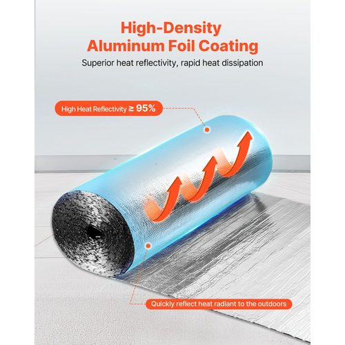 Ρολό διπλής ανακλαστικής μόνωσης VEVOR, Φράγμα ακτινοβολίας από φύλλο αλουμινίου διπλής όψης, 6mm 30,48 mx 1,22 m, Ασπίδα ανακλαστικής θερμότητας διπλής στρώσης με φυσαλίδες αέρα, Ρολό θερμομόνωσης για στέγες τροχόσπιτων με παράθυρο και πόρτα γκαράζ
