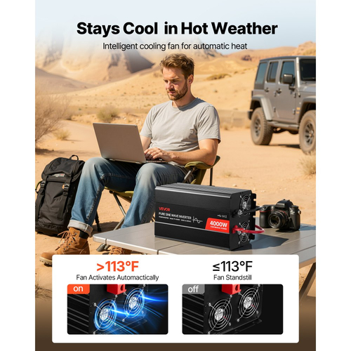 Μετατροπέας Ισχύος VEVOR 4000W, Μετατροπέας Καθαρού Ημιτόνου Κύματος 12V DC σε 230V AC, Μετατροπέας Ηλιακού Φορτιστή Αυτοκινήτου με Οθόνη LCD, Τηλεχειριστήριο, 2 Θύρες USB, 2 Πρίζες AC, Θύρα Type-C, για RV, Φορτηγό Εξωτερικού Χώρου