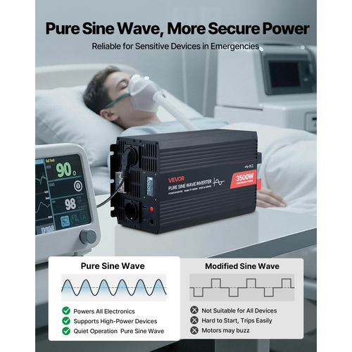 Μετατροπέας Ισχύος VEVOR 3500W, Μετατροπέας Καθαρού Ημιτόνου 12V DC σε 230V AC, Μετατροπέας Ηλιακού Φορτιστή Αυτοκινήτου με Οθόνη LCD, Τηλεχειριστήριο, Θύρα USB, 2 Πρίζες AC, Θύρα Type-C, για RV, Φορτηγό, Κάμπινγκ σε Εξωτερικό Χώρο