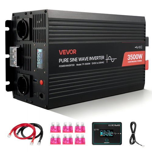 Μετατροπέας Ισχύος VEVOR 3500W, Μετατροπέας Καθαρού Ημιτόνου 12V DC σε 230V AC, Μετατροπέας Ηλιακού Φορτιστή Αυτοκινήτου με Οθόνη LCD, Τηλεχειριστήριο, Θύρα USB, 2 Πρίζες AC, Θύρα Type-C, για RV, Φορτηγό, Κάμπινγκ σε Εξωτερικό Χώρο