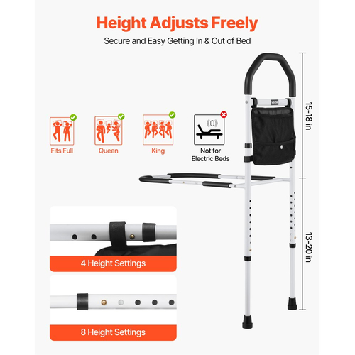 VEVOR Ράγα κρεβατιού για ηλικιωμένους, Ράγες υποβοήθησης κομοδίνου με πόδι στήριξης και χειρολισθήρα PU, Ρυθμιζόμενο ύψος μπαστούνι κομοδίνου από σωλήνα από ανθρακούχο χάλυβα, Μπάρες κρεβατιού για ηλικιωμένους και ασθενείς, Ταιριάζει σε κρεβάτια King, Queen, Full, Twin