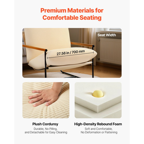 Πολυθρόνα VEVOR Accent, Μεταλλική καρέκλα με ξύλινα μπράτσα, Μοντέρνα άνετη πολυθρόνα με ταπετσαρία, με μαλακό αφρώδες μαξιλάρι, Αποσπώμενο μαξιλάρι, για σαλόνι, υπνοδωμάτιο, αίθουσα ανάγνωσης, γραφείο, μπεζ