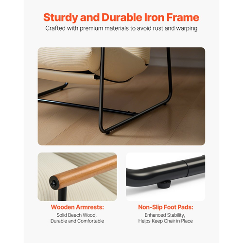 Πολυθρόνα VEVOR Accent, Μεταλλική καρέκλα με ξύλινα μπράτσα, Μοντέρνα άνετη πολυθρόνα με ταπετσαρία, με μαλακό αφρώδες μαξιλάρι, Αποσπώμενο μαξιλάρι, για σαλόνι, υπνοδωμάτιο, αίθουσα ανάγνωσης, γραφείο, μπεζ