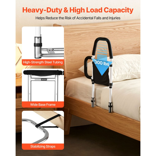 VEVOR Ράγα Κρεβατιού για Ηλικιωμένους, Ράγες Υποβοήθησης Κομοδίνου με Πλαϊνή Λαβή και Χειρολαβή PU, Ρυθμιζόμενο Ύψος Ράγα Κομοδίνου από Σωλήνα από Ανθρακούχο Χάλυβα, Μπάρες Κρεβατιού για Ηλικιωμένους & Ασθενείς, Ταιριάζει σε King, Queen, Ολόκληρο, Μονόκλινο