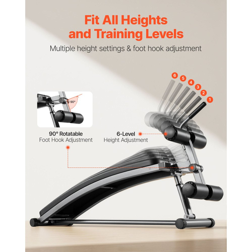 Πάγκος κοιλιακών VEVOR, Κυρτός πάγκος κοιλιακών με λαβή αντίστροφης τριβής, με 6 ρυθμιζόμενες ρυθμίσεις ύψους, Ανθεκτικό ατσάλι, Χωρητικότητα 272 κιλών για προπονήσεις γυμναστικής στο σπίτι, προπόνηση ενδυνάμωσης, ολόκληρο το σώμα