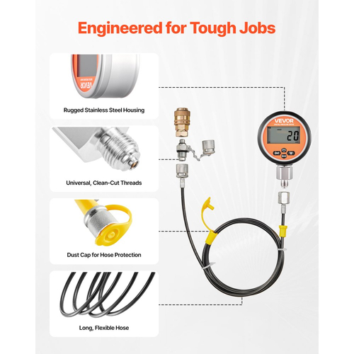 Ψηφιακό κιτ σύνδεσης δοκιμής υδραυλικής πίεσης VEVOR, μετρητής μανόμετρου πίεσης 700 Bar με 2 μετρητές, 9 συνδέσμους δοκιμής, 2 συνδέσμους γρήγορης απελευθέρωσης, 2 εύκαμπτους σωλήνες για μηχανήματα κατασκευών εκσκαφέων