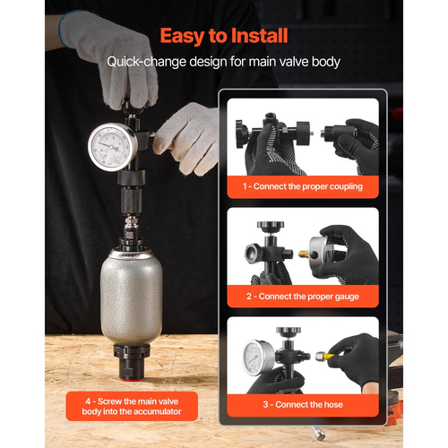 Κιτ φόρτισης υδραυλικού συσσωρευτή αζώτου VEVOR, κιτ πλήρωσης αζώτου "όλα σε ένα", σύστημα δοκιμής πίεσης με 3 μετρητές (100, 250, 400 Bar), 6 προσαρμογείς συνδέσμους, 1 εύκαμπτος σωλήνας αερίου, 1 βαλβίδα, 1 προσαρμογέας CGA580