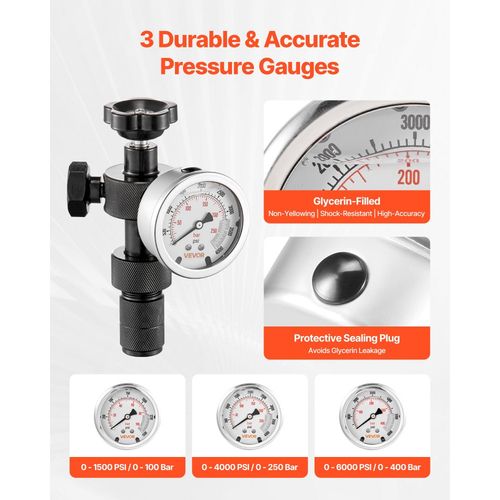 Κιτ φόρτισης υδραυλικού συσσωρευτή αζώτου VEVOR, κιτ πλήρωσης αζώτου "όλα σε ένα", σύστημα δοκιμής πίεσης με 3 μετρητές (100, 250, 400 Bar), 6 προσαρμογείς συνδέσμους, 1 εύκαμπτος σωλήνας αερίου, 1 βαλβίδα, 1 προσαρμογέας CGA580