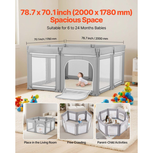 Παιδικό Πάρκο VEVOR, Πάρκο Πάρκινγκ 2000 x 1780mm, Πτυσσόμενος Φράχτης για Παιδιά με Πόρτα με Φερμουάρ & Μαλακό Αναπνεύσιμο Δίχτυ, Κέντρο Ασφαλών Δραστηριοτήτων Εσωτερικού και Εξωτερικού Χώρου - Υπέροχο Δώρο για Νήπια