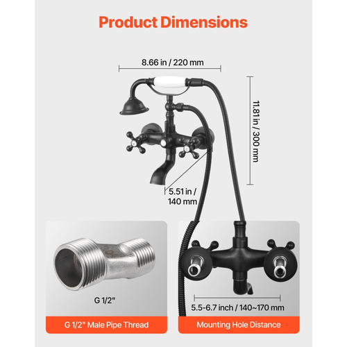 Βρύση μπανιέρας VEVOR με νύχια, Επιτοίχιες βρύσες μπανιέρας με χειροκίνητο ντους, Vintage ματ μαύρο κιτ πλήρωσης μπανιέρας με νύχια, ρυθμιζόμενους βραχίονες περιστροφής και στόμιο περιστροφής 360° για μπανιέρες