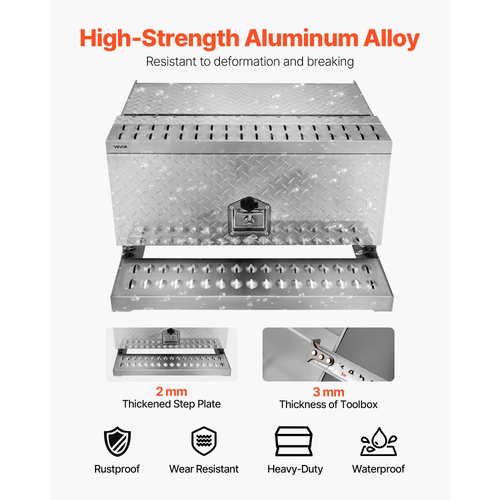 Εργαλειοθήκη σκαλοπατιών VEVOR για ημιφορτηγά, Εργαλειοθήκη βαρέως τύπου αλουμινίου με διαμαντένια πλάκα 760 x 750 x 400 mm, Αδιάβροχο κουτί αποθήκευσης σκαλοπατιών εισόδου καμπίνας με κλειδαριά λαβής T και κλειδιά για φορτηγά με επίπεδη πλατφόρμα, γερανούς και ημιφορτηγά