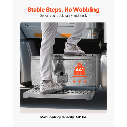 Εργαλειοθήκη σκαλοπατιών VEVOR για ημιφορτηγά, Εργαλειοθήκη βαρέως τύπου αλουμινίου με διαμαντένια πλάκα 760 x 750 x 400 mm, Αδιάβροχο κουτί αποθήκευσης σκαλοπατιών εισόδου καμπίνας με κλειδαριά λαβής T και κλειδιά για φορτηγά με επίπεδη πλατφόρμα, γερανούς και ημιφορτηγά