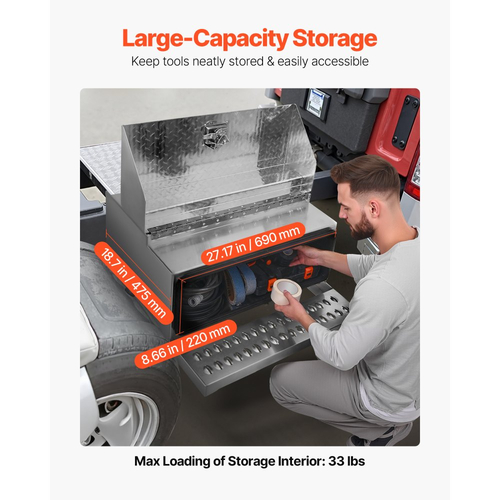 Εργαλειοθήκη σκαλοπατιών VEVOR για ημιφορτηγά, Εργαλειοθήκη βαρέως τύπου αλουμινίου με διαμαντένια πλάκα 760 x 750 x 400 mm, Αδιάβροχο κουτί αποθήκευσης σκαλοπατιών εισόδου καμπίνας με κλειδαριά λαβής T και κλειδιά για φορτηγά με επίπεδη πλατφόρμα, γερανούς και ημιφορτηγά