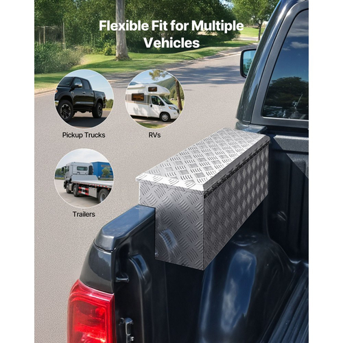 Εργαλειοθήκη καρότσας φορτηγού VEVOR, βαρέως τύπου κουτί εργαλείων αλουμινίου με σχέδια πέλματος, οργάνωση μπαούλου αποθήκευσης με κλειδαριά και κλειδί, ιδανική για φορτηγό, καρότσα φορτηγού, τροχόσπιτο, ρυμουλκούμενο, 864 x 305 x 390 mm, ασημί