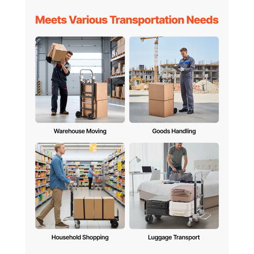 VEVOR 2 σε 1 Πτυσσόμενο Χειροκίνητο Φορτηγά, Χωρητικότητα Φόρτωσης 226,9 kg για Λειτουργία 4 Τροχών, Μετατρέψιμο Χειροκίνητο Φορτηγά με Τροχούς & Ρυθμιζόμενη Λαβή, Φορητό Φορτηγά Τροχήλατου για Μετακίνηση σε Σπίτι, Γραφείο, Αποθήκη