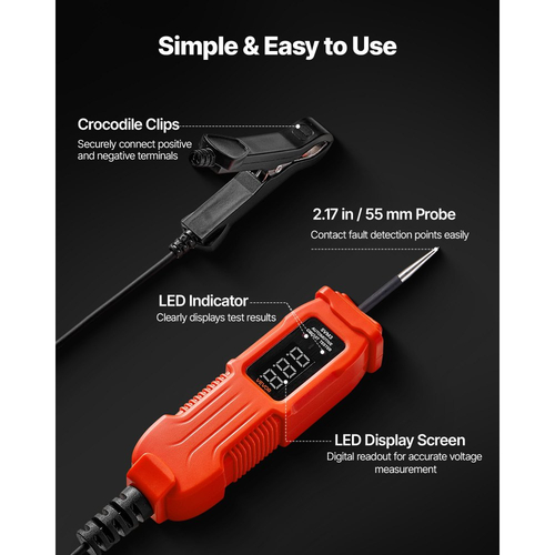 Δοκιμαστής κυκλώματος αυτοκινήτου VEVOR, Δοκιμαστής κυκλώματος ισχύος 3 - 72 DCV με οθόνη LED και φωτισμό, Δοκιμαστής ισχύος αυτοκινήτου με καλώδιο 11,5 ft / 3,5 m, Ηλεκτρικός ανιχνευτής κελύφους ABS