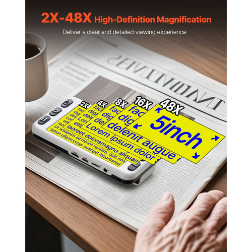 Φορητός Ψηφιακός Μεγεθυντικός Φακός VEVOR, Ηλεκτρονικός Μεγεθυντικός Φακός Βίντεο HD 127 mm για Χαμηλή Έκδοση, Ηλεκτρονικό Βοήθημα Ανάγνωσης 2X - 48X με Διπλό Φακό 13MP για Κοντά & Μακριά, Λειτουργία 26 Χρωμάτων, Έξοδος AV/HDMI & Πτυσσόμενη Λαβή