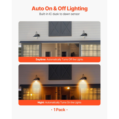 Ηλιακό εξωτερικό φωτιστικό αχυρώνα VEVOR, 3 λειτουργίες φωτισμού και αισθητήρας κίνησης, 1 σετ φωτιστικών με λαιμόκοψη, απλίκα τοίχου αγροικίας, συμβατή με λαμπτήρα E26, αδιάβροχο για βεράντα, σπίτι, είσοδο, γκαράζ, μαύρο