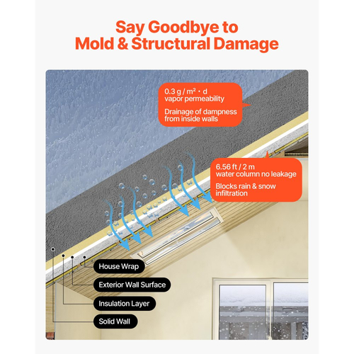 Περιτύλιγμα σπιτιού VEVOR, 1220 x 76200 mm, πάχος φράγματος υδρατμών 0,17 mm, Πλαστικό φύλλο βαρέως τύπου για ανθεκτικό σε σχίσιμο, κάλυμμα φράγματος υδρατμών από ύφασμα για οικιακές και εμπορικές κατασκευές, μαύρο