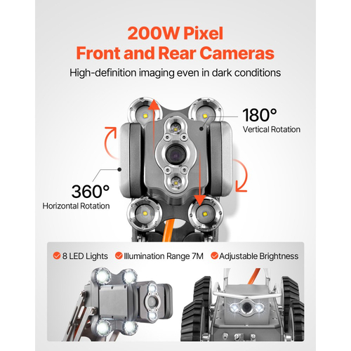 Ρομπότ Επιθεώρησης Σωλήνων Αποχέτευσης VEVOR, Ρομπότ Ανίχνευσης Αγωγών 394FT/120m με Εμπρόσθια/Πίσω Κάμερα 2MP & Tablet με Οθόνη Αφής, Κάμερα Υδραυλικών IP68 με Φώτα & Μετρητή Απόστασης για Βιομηχανικούς Σωλήνες