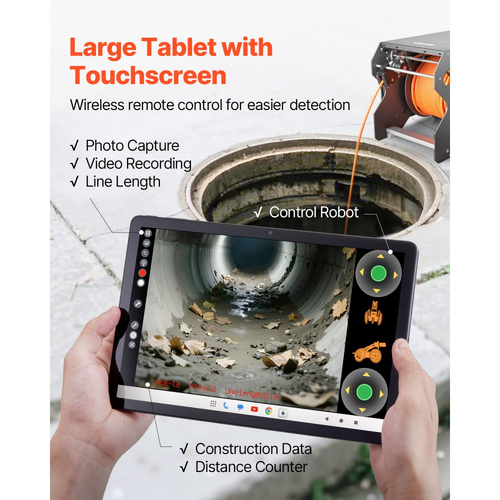 Ρομπότ Επιθεώρησης Σωλήνων Αποχέτευσης VEVOR, Ρομπότ Ανίχνευσης Αγωγών 394FT/120m με Εμπρόσθια/Πίσω Κάμερα 2MP & Tablet με Οθόνη Αφής, Κάμερα Υδραυλικών IP68 με Φώτα & Μετρητή Απόστασης για Βιομηχανικούς Σωλήνες