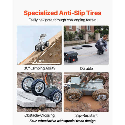 Ρομπότ Επιθεώρησης Σωλήνων Αποχέτευσης VEVOR, Ρομπότ Ανίχνευσης Αγωγών 394FT/120m με Εμπρόσθια/Πίσω Κάμερα 2MP & Tablet με Οθόνη Αφής, Κάμερα Υδραυλικών IP68 με Φώτα & Μετρητή Απόστασης για Βιομηχανικούς Σωλήνες