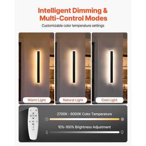 VEVOR Εξωτερικά Φωτιστικά Τοίχου, Πακέτο των 2, Μοντέρνα Εξωτερικά Φωτιστικά Τοίχου με Λωρίδα Μακράς Διάρκειας 600 mm, 2700K-6000K, IP65 Αδιάβροχο, Αντισκωριακό, Ρυθμιζόμενο Εξωτερικό Φωτιστικό Τοίχου, για Βεράντα Σπιτιού ή Γκαράζ
