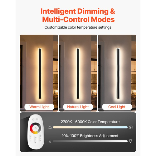 VEVOR Εξωτερικά Φωτιστικά Τοίχου, Πακέτο των 2, Μοντέρνα Φωτιστικά Τοίχου RGB μήκους 1000 mm, 2700K-6000K, IP65 Αδιάβροχο, Αντισκωριακό, Ρυθμιζόμενο Εξωτερικό Φωτιστικό Τοίχου, για Βεράντα Σπιτιού ή Γκαράζ