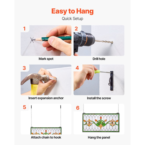 Πάνελ παραθύρου βιτρό VEVOR, 810 x 433 mm, Κρεμαστό πάνελ παραθύρου Tiffany σε στυλ τραβέρσας με αλυσίδα, μεγάλο οριζόντιο ορθογώνιο βιτρό, Vintage παραδοσιακής τέχνης χειροτεχνίες για διακόσμηση κουζίνας