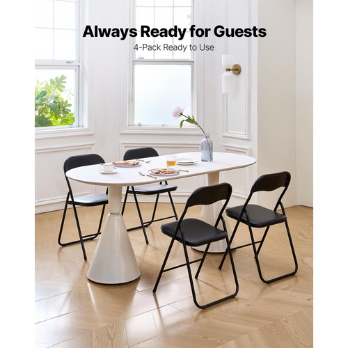 Πακέτο 4 πτυσσόμενων καρεκλών VEVOR, πτυσσόμενες δερμάτινες καρέκλες με μεταλλικό σκελετό βαρέως τύπου και επενδεδυμένο μαξιλάρι, φορητές πτυσσόμενες καρέκλες τραπεζιού με κάρτες, στοιβαζόμενα καθίσματα για σπίτι, αυλή, κήπο, πάρτι, εκδηλώσεις, μαύρο