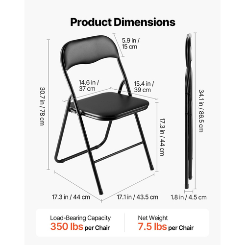 Πακέτο 4 πτυσσόμενων καρεκλών VEVOR, πτυσσόμενες δερμάτινες καρέκλες με μεταλλικό σκελετό βαρέως τύπου και επενδεδυμένο μαξιλάρι, φορητές πτυσσόμενες καρέκλες τραπεζιού με κάρτες, στοιβαζόμενα καθίσματα για σπίτι, αυλή, κήπο, πάρτι, εκδηλώσεις, μαύρο
