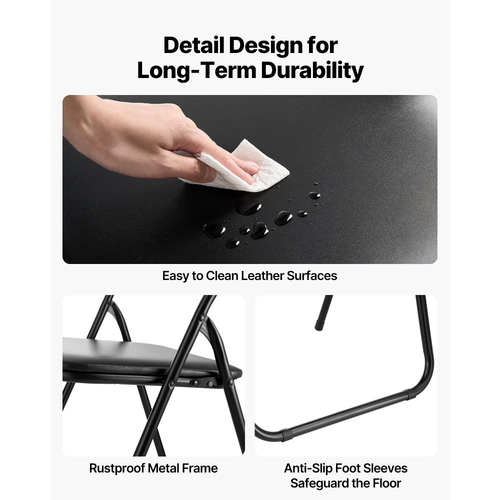 Πακέτο 4 πτυσσόμενων καρεκλών VEVOR, πτυσσόμενες δερμάτινες καρέκλες με μεταλλικό σκελετό βαρέως τύπου και επενδεδυμένο μαξιλάρι, φορητές πτυσσόμενες καρέκλες τραπεζιού με κάρτες, στοιβαζόμενα καθίσματα για σπίτι, αυλή, κήπο, πάρτι, εκδηλώσεις, μαύρο