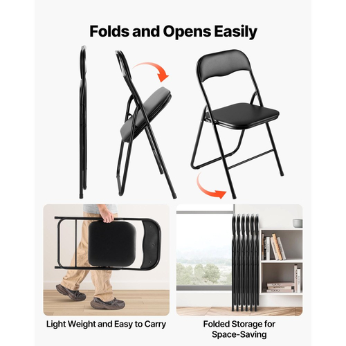 Πακέτο 6 πτυσσόμενων καρεκλών VEVOR, πτυσσόμενες δερμάτινες καρέκλες με μεταλλικό σκελετό βαρέως τύπου και επενδεδυμένο μαξιλάρι, φορητές πτυσσόμενες καρέκλες τραπεζιού με κάρτες, στοιβαζόμενα καθίσματα για σπίτι, αυλή, κήπο, πάρτι, εκδηλώσεις, μαύρο